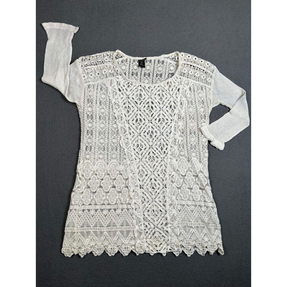 Chico's Black Label Top Womens 00 White Crochet Lace Tunic Long Sleeve Boho